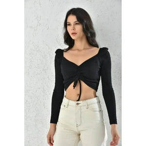 Home Fashion - Polera Adolescente Manga Larga Crop Negra Ajustable Talla S