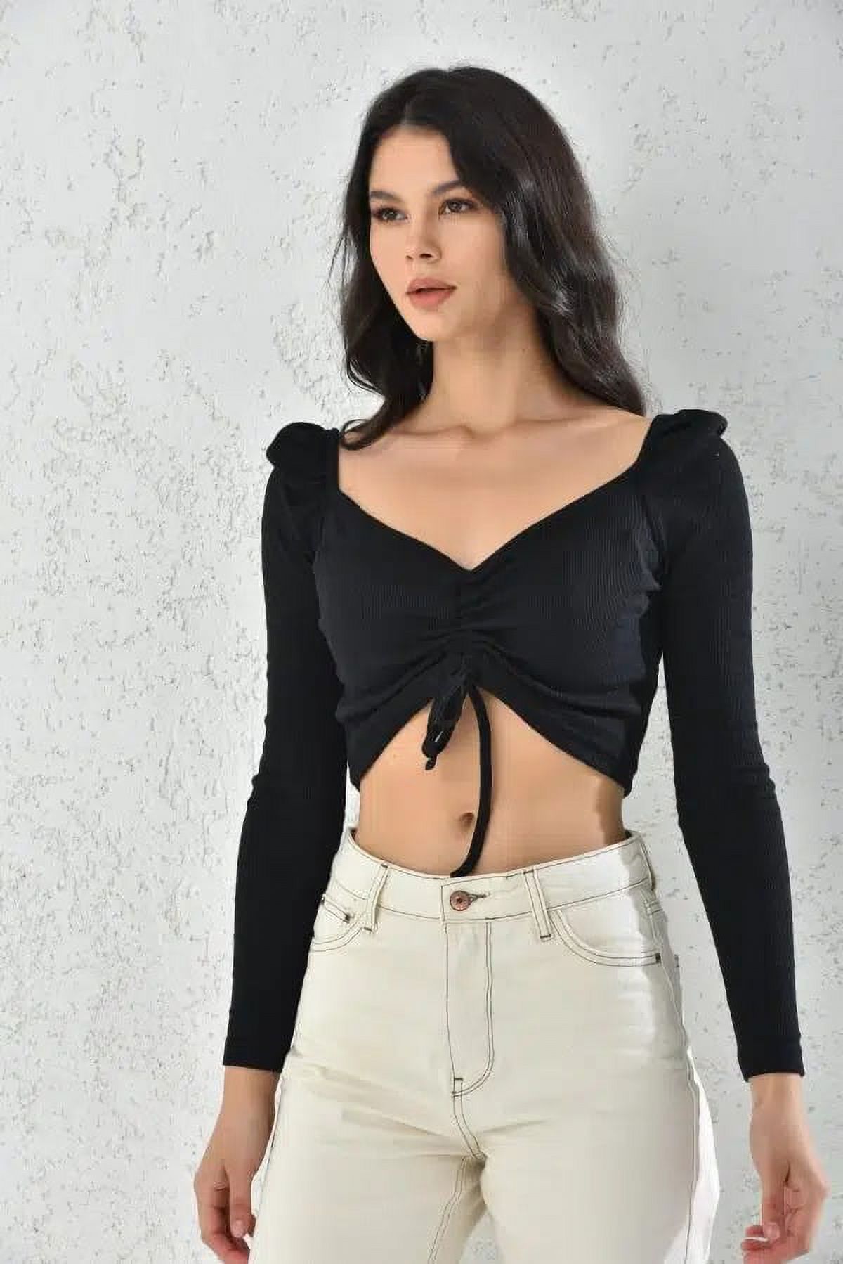 Home Fashion - Polera Mujer Manga Larga Crop Negra Ajustable Talla M