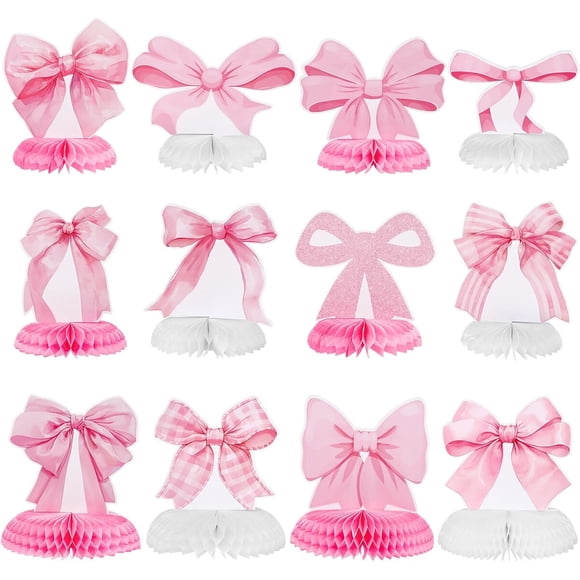 12 piezas de centros de mesa de panal con moños rosados para cumpleaños