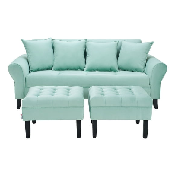 Sofa Lua 3c + 2 Pouf Felpa 20 Verde Agua