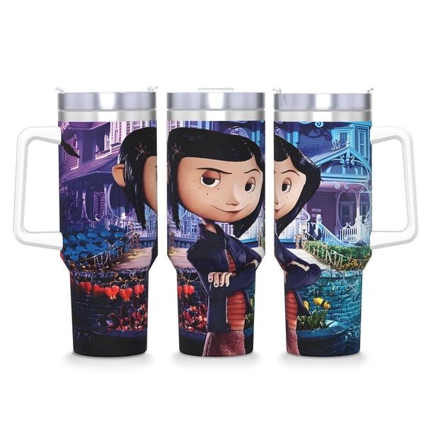 Coraline Vaso aislado de acero inoxidable con asa, diseño temático, regalo para familia, amigos y fans; incluye pajita y encaja en el portavasos estándar, 40 oz