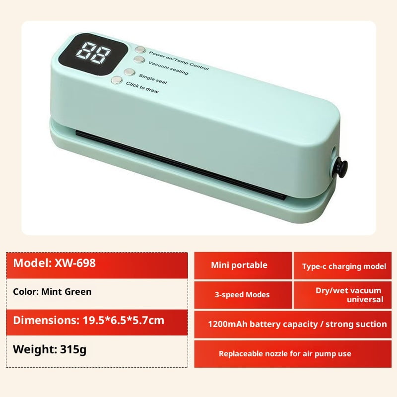 Xusx111 - 3 En 1 Mini Sellador De Vacío - Sellador De Vacío Compacto Para Alimentos, One - Touch Automático, Control De Temperatura Y Temporizador Digital, Modos Secos Y Húmedos, Con 5 Bolsas De Vacío