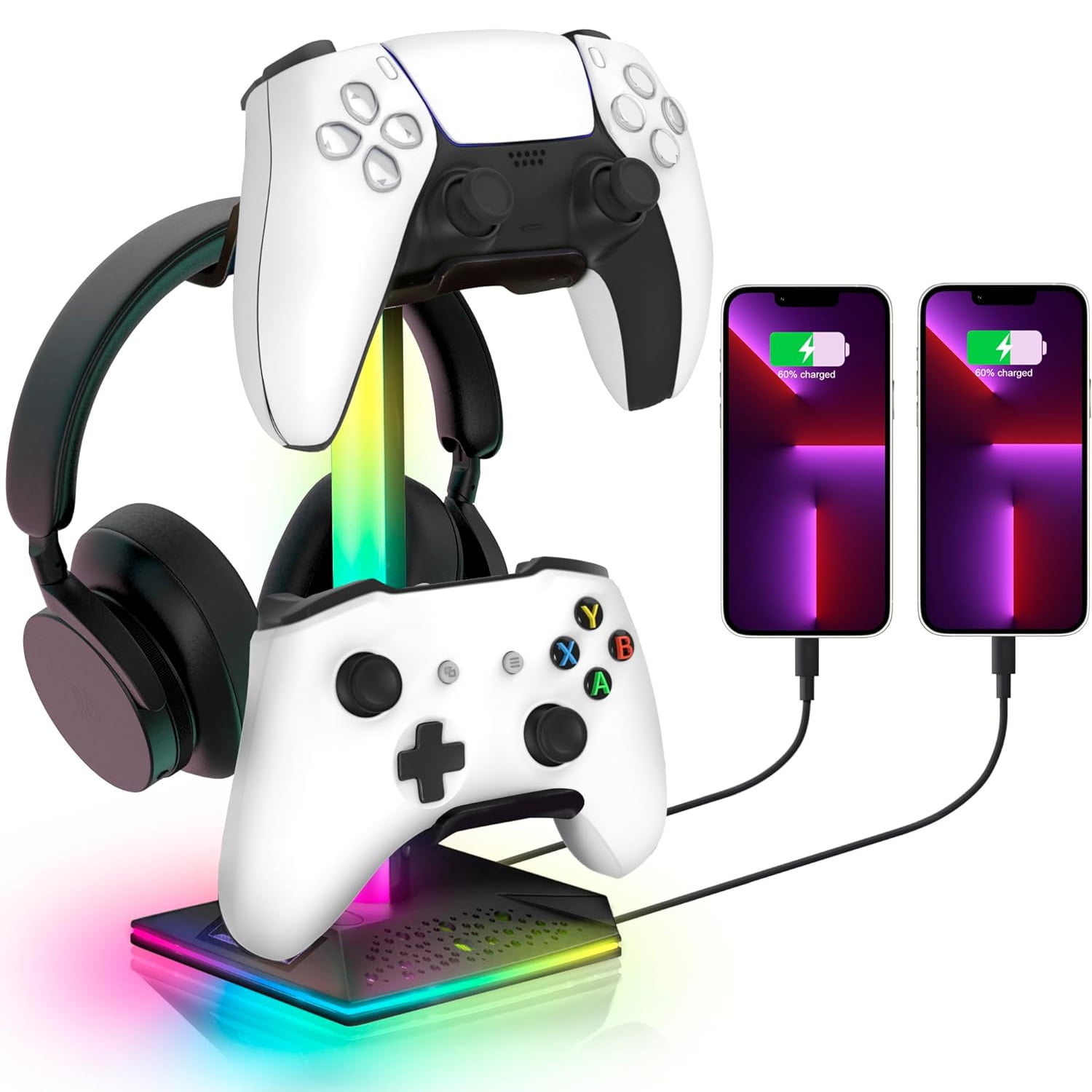 Genérico - Soporte Para Controladores De Juego Rgb, Soporte Para Auriculares Con 2 Puertos Usb De Carga Y 1 Type-c, Accesorios Universales Para Soportes De Auriculares