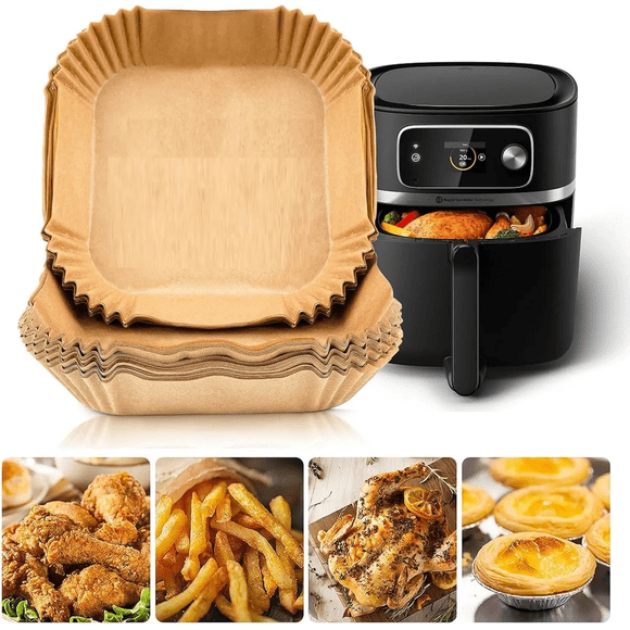 Papel para Freidora de Aire Desechable Cuadrado de 20cm, Moldes de Pergamino Antiadherente para Air Fryer, Pack de 50 Unidades
