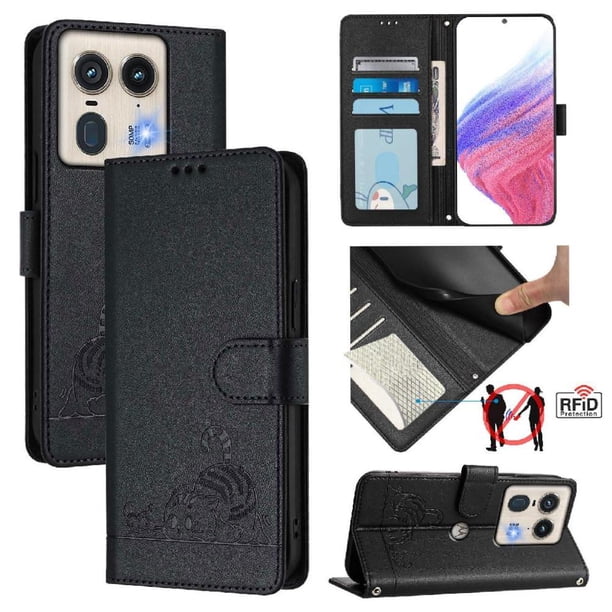 Funda tipo cartera FOXDOCK para MOTOROLA Edge 50 5G con soporte, ranuras, RFID, diseño de gato