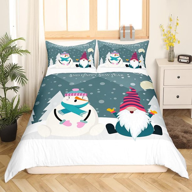 Xmas Bedding Sets Scandinavian Christmas Santa Gnomes Comforter Cover Snowing Santa Claus Bedding Sets for Kids Boys Girls Romantic Candlelight Quilt Cover 3 Pieces Queen Size