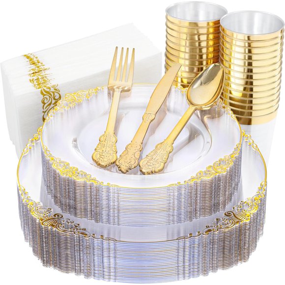 Set de Vajilla Plástica Desechable Dorada Transparente Nervure, 175 Piezas