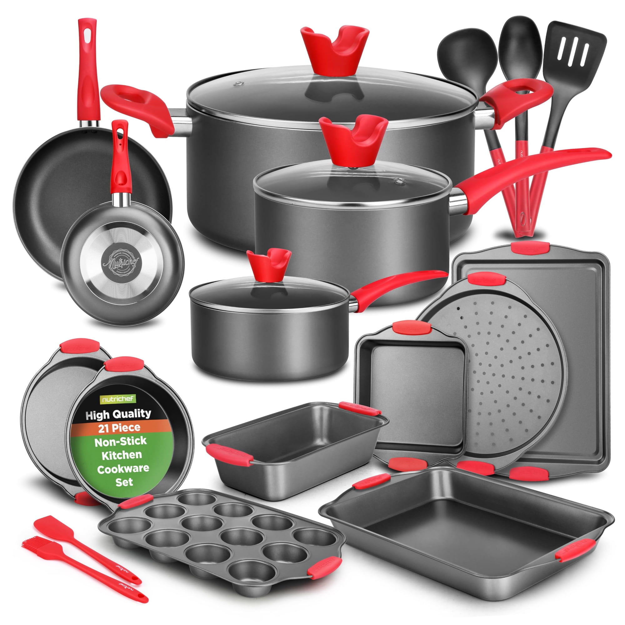 Juego De Utensilios De Cocina Nutrichef, 21 Piezas, Antiadherentes Con Utensilios De Silicona