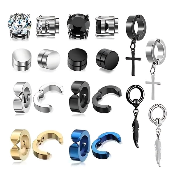10 pares de pendientes magnéticos de acero inoxidable con circonitas, sin perforaciones, para hombre. Material duradero.