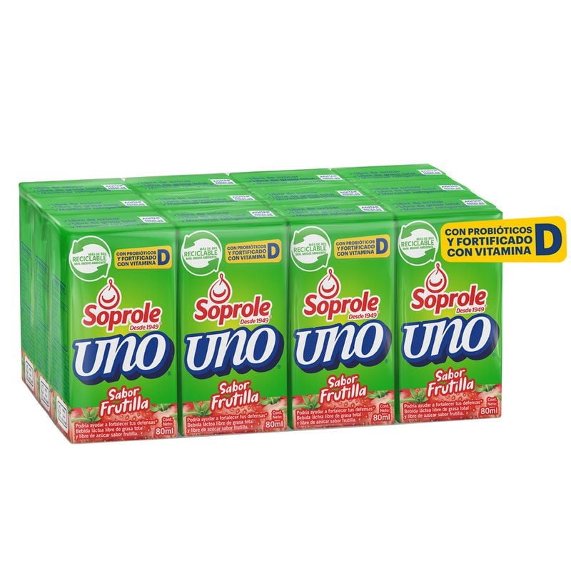 Bebida Láctea Probiótico Uno Sabor Frutilla Pack 12 Caja 80 ml Soprole
