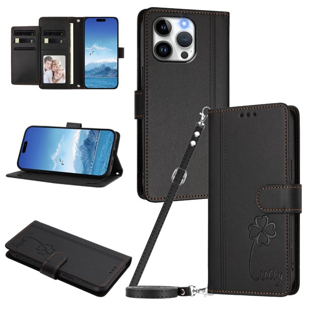 Funda Cartera Trébol para iPhone 13 Pro con Ranuras Tarjetas y Carga Inalámbrica Negro