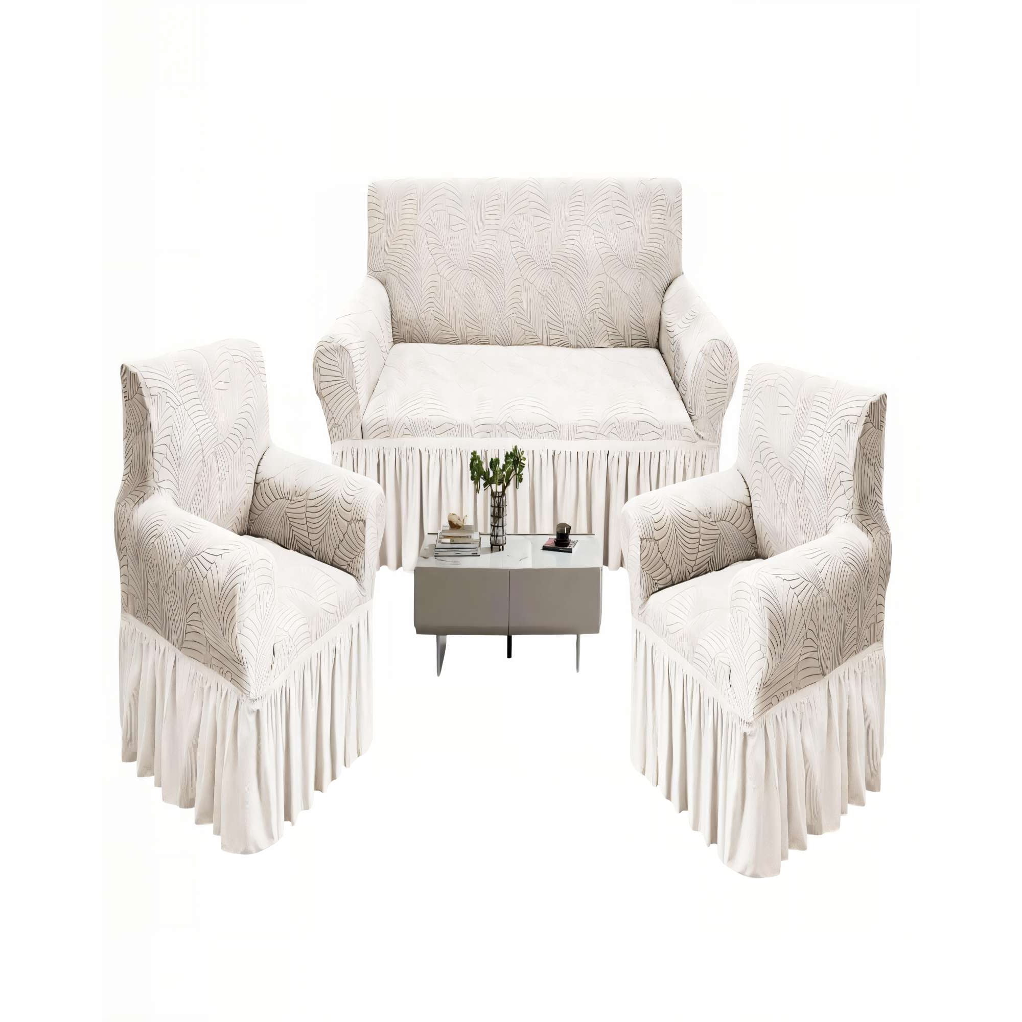 Genérico - Set De Fundas De Sofa 3+1+1 Con Diseño En Forma De Hoja Con Velo 3-1-1 Color Blanco
