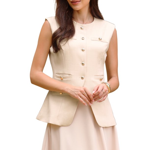 INSPIRE CHIC Chaleco de Traje de Verano para Mujer sin Mangas con Cuello Redondo y Botones Abajo, Casual de Negocios, Talla L, Beige
