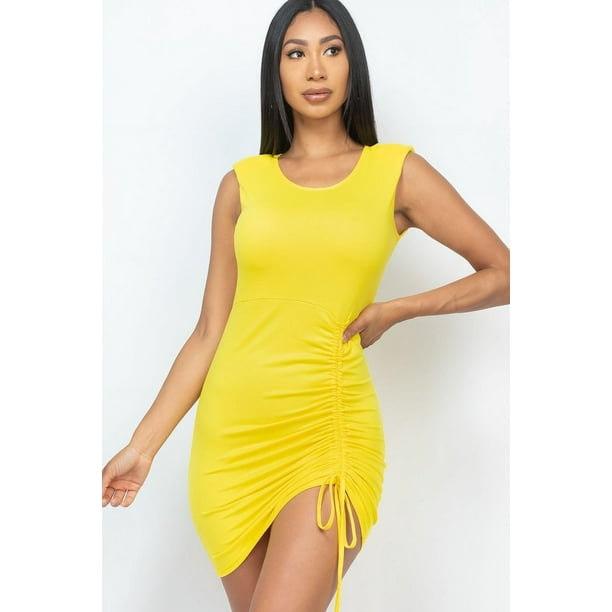Saronite Vestido Corto Fruncido sin Mangas Ajustado Básico, Amarillo (para Mujer)