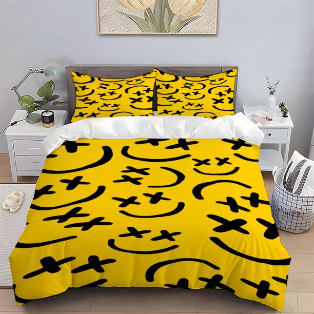 Doodle Joyful Face Print Set Soft and Light Beige-friendly Polyester Fabric
