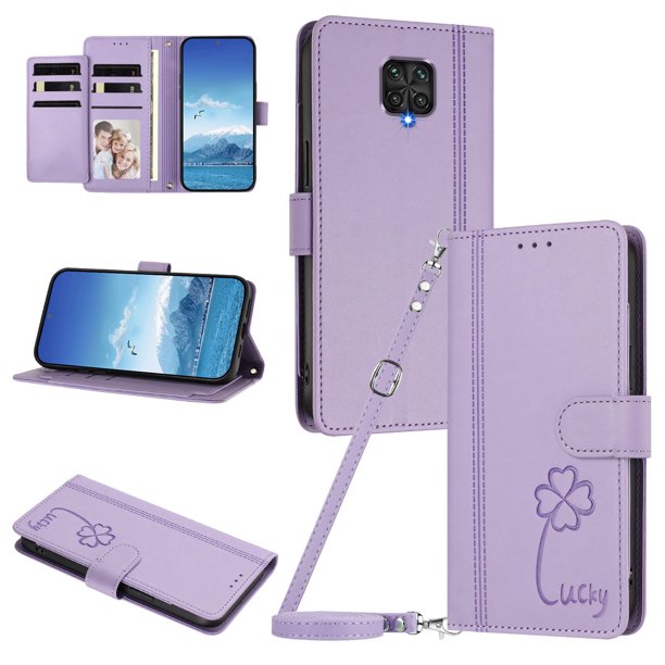 Funda Cartera Trébol para Xiaomi Redmi Note 9S 4G con Ranuras Tarjetas y Carga Inalámbrica Morado claro