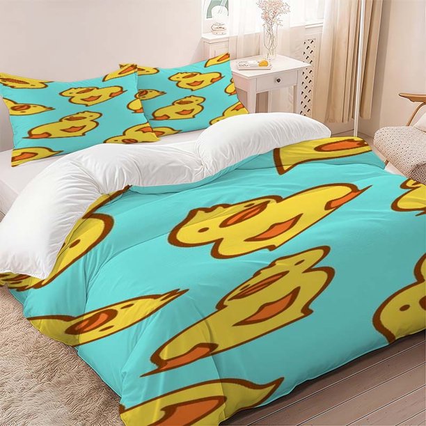 3pcs Cartoon Chick Bedding Set with Yellow Body Orange Beak And Blue Background