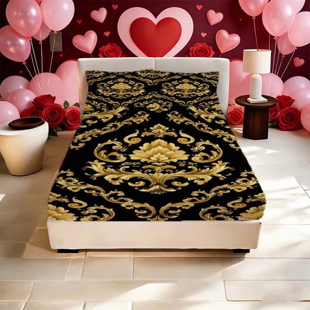 Black and Golden Baroque Print Fitted Sheet Set a Must-have for Home and Guest Rooms with Deep Pockets to Ensure Stability and Prevent Shifting It's the Perfect