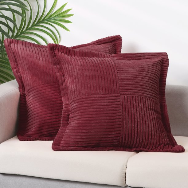 REGALWOVEN Juego de 2 Fundas de Cojines Decorativos de Pana a Rayas Sólidas, Funda de Cojín Decorativa de Borde Ancho para Decoraciones del Hogar Rojo 18" x 18"