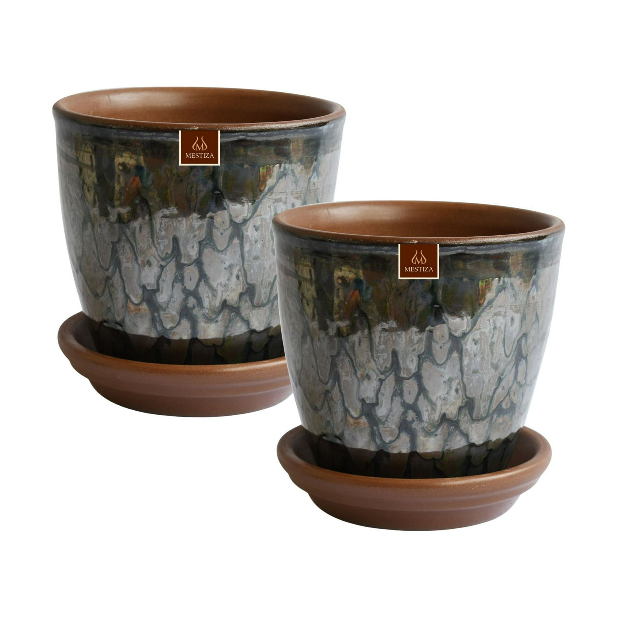 Pottery - Set De 2 Maceta Zafiro 14cm Platino Y Sus Platos