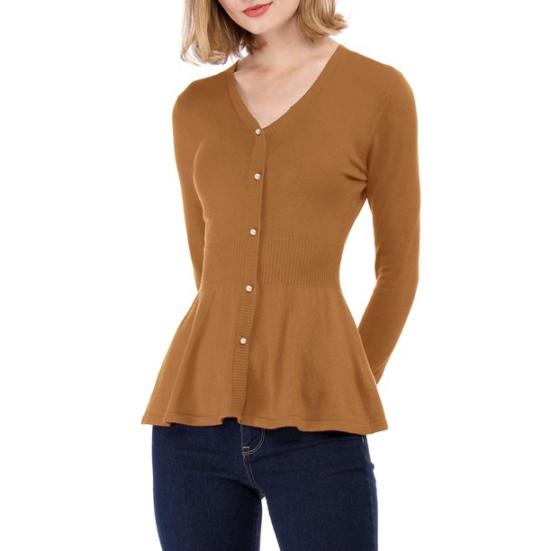 INSPIRE CHIC Suéter Peplum de Mujer con Cuello en V, Manga Larga, Tejido con Cintura Ceñida para Uso Casual y Estilo Diario S Marrón