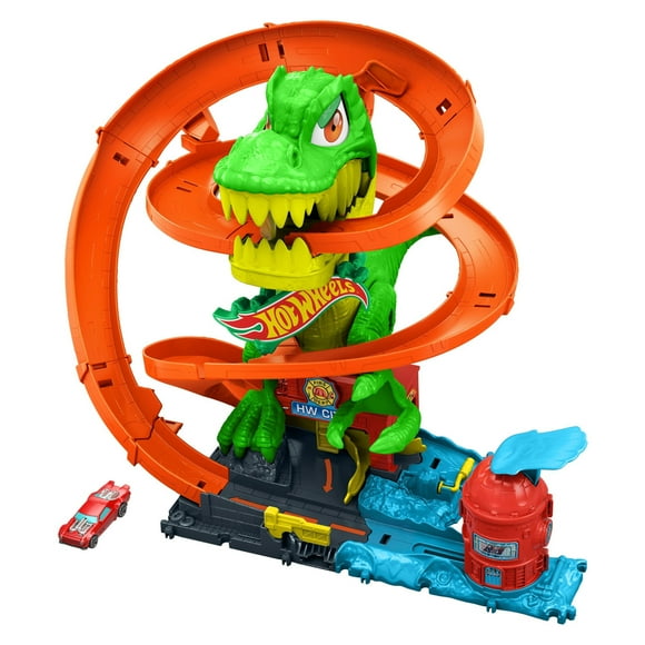 Pista de Carrera Hot Wheels T-Rex Vs Estación de Bomberos