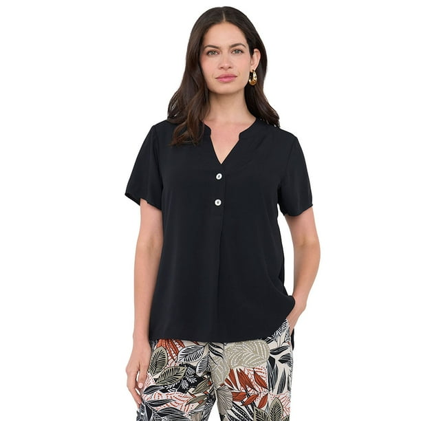 Blusa Mujer Manga Corta Botones Negro Corona