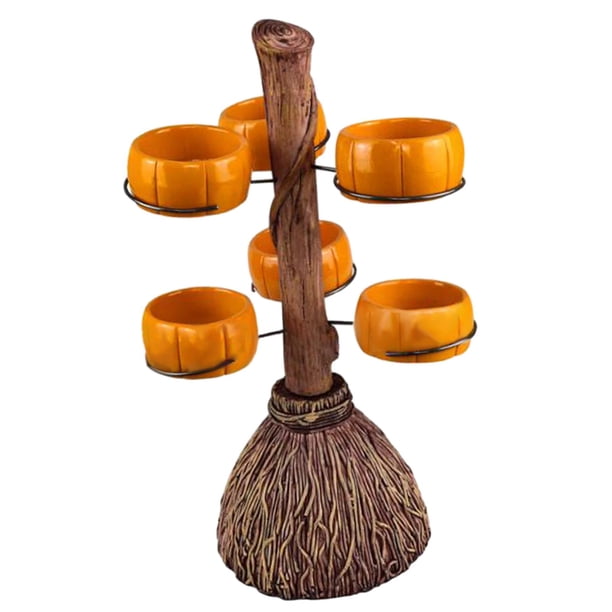 Soporte para cuenco de refrigerio de calabaza de Halloween, soporte para cesta de refrigerio de palo de escoba, accesorios para servir comida de fiest , 6 tazones