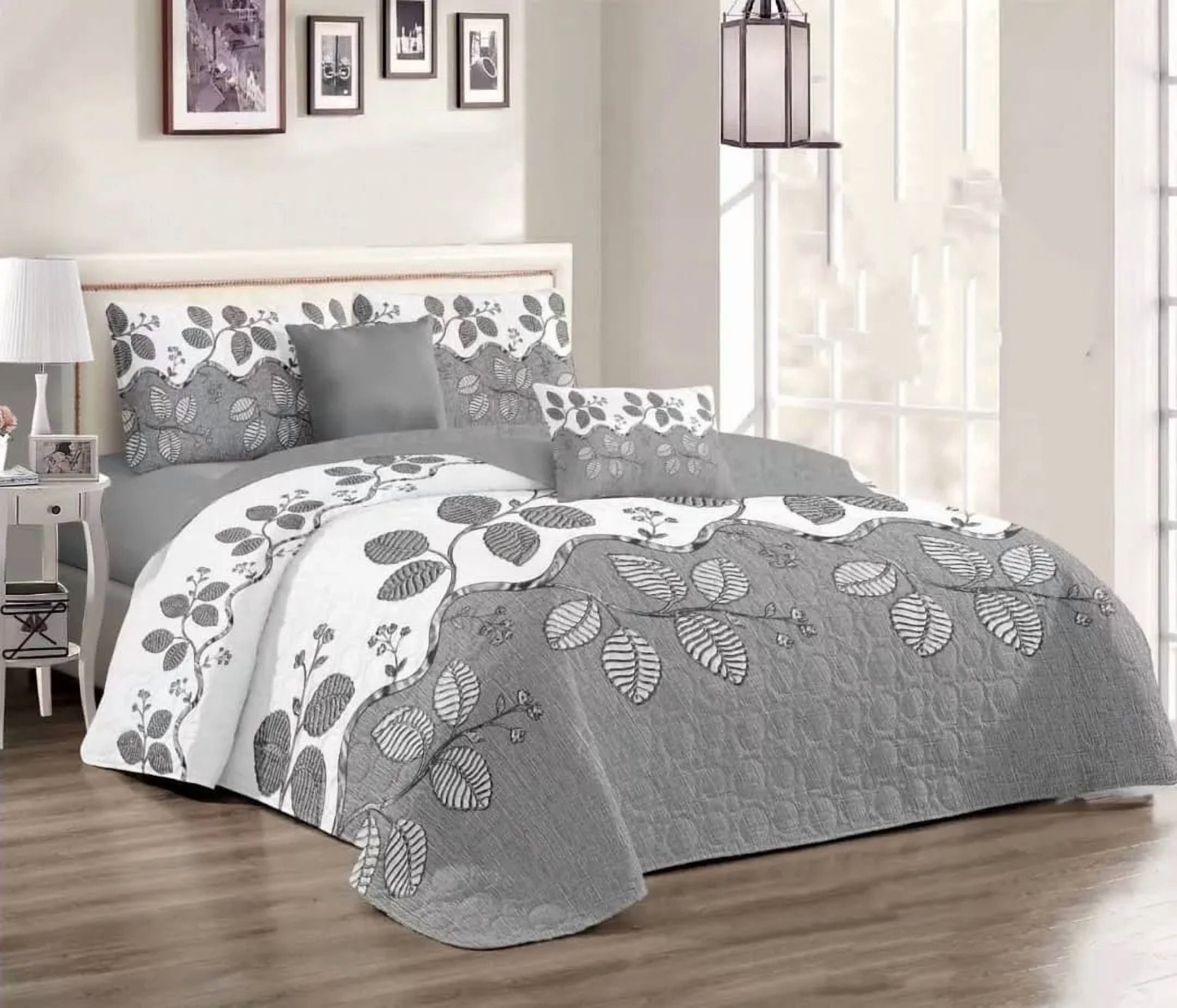 Casadeliacl - Cubrecama Quilt Delgado2 Plaza Diseño Modernos Tf Hoja Gris / Hojas