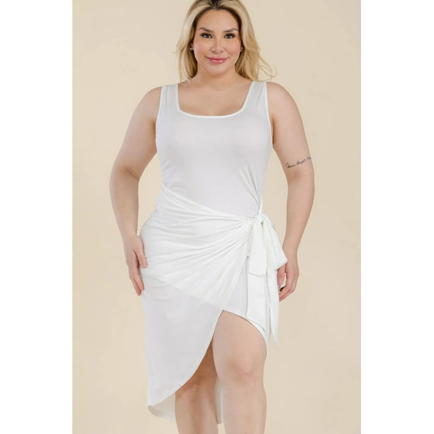 Vestido Midi de Talla Grande con Lazo Lateral y Parte Delantera Cruzada de Color Liso