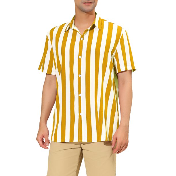 INSPIRE CHIC Camisa de Rayas para Hombre de Manga Corta con Bloque de Color y Botones para Playa L Amarillo