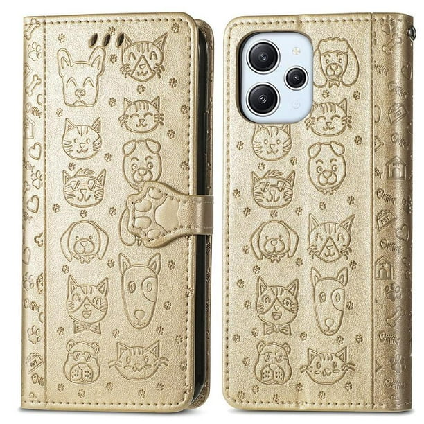 Funda Cartera FOXDOCK para XIAOMI Redmi 12 , Flip PU con Relieve de Gatos y Perros, Tarjetero y Soporte