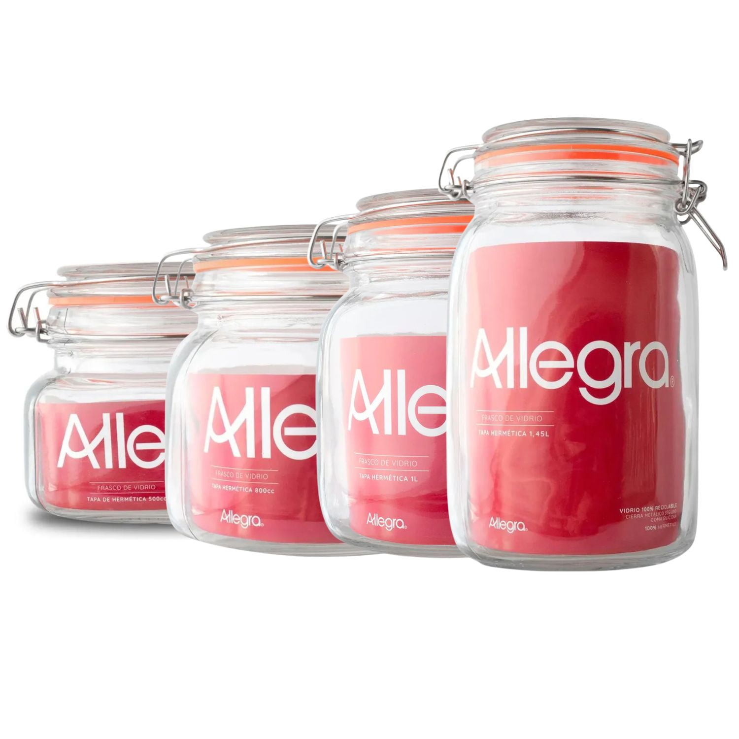 Set 4 Frascos Vidrio Con Tapa Hermetica Transparente Allegra