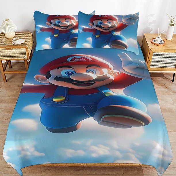 Super Mario Bed Duvet Cover Microfiber Bedding Sets 3D Printed Lightweight 3 Piece Comforter Sets for Kids Boys Girls