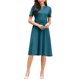 thumbnail image 4 of INSPIRE CHIC Vestido de mujer línea A con cinturón de verano, manga corta 2026, vestido con cuello dividido M Azul, 4 of 5