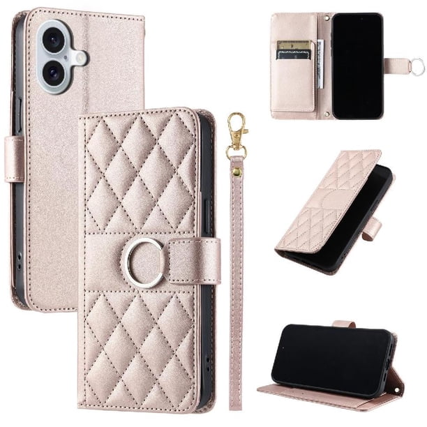 Funda Acolchada con Anilla y Correa para iPhone 16 Slots para Tarjetas Oro rosa