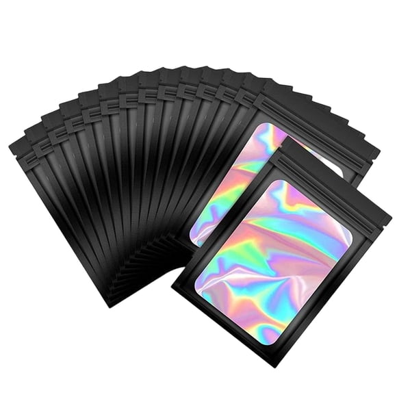 100x Bolsas de embalaje holográficas Ventana transparente impermeable 6x10 cm Olor Bolsas a prueba de Mylar para frutas secas Cosméticos Nueces Organi , negro