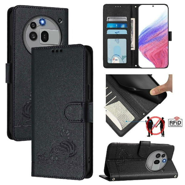 Funda tipo cartera FOXDOCK para Nothing Phone 3a Pro 5G con soporte, ranuras, RFID, diseño de gato