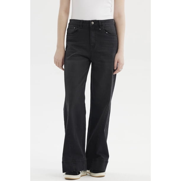 Jeans Mujer Wide Leg Diagonal Negro