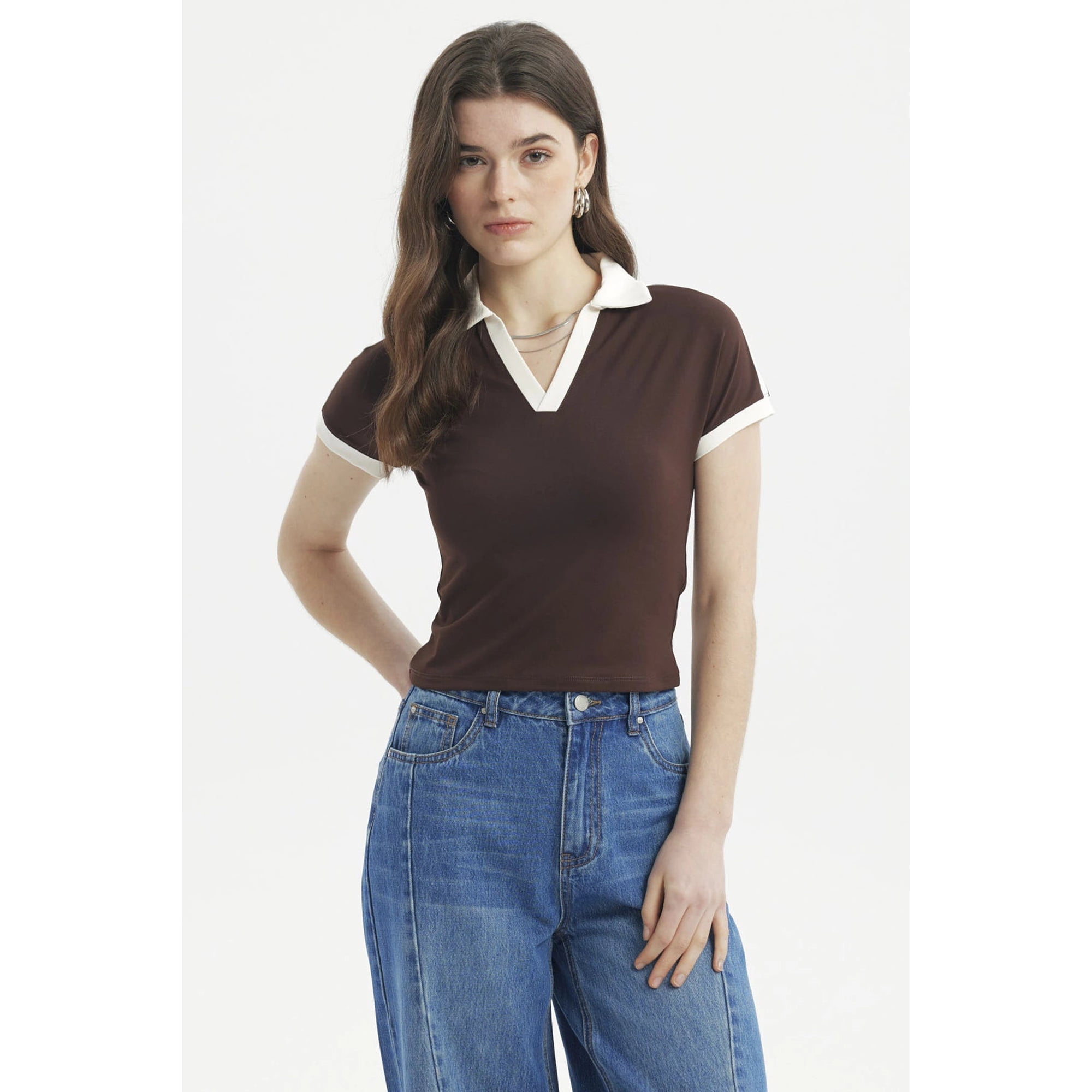Fashionspark - Polera Mujer Color Cuello Polo Café Oscuro