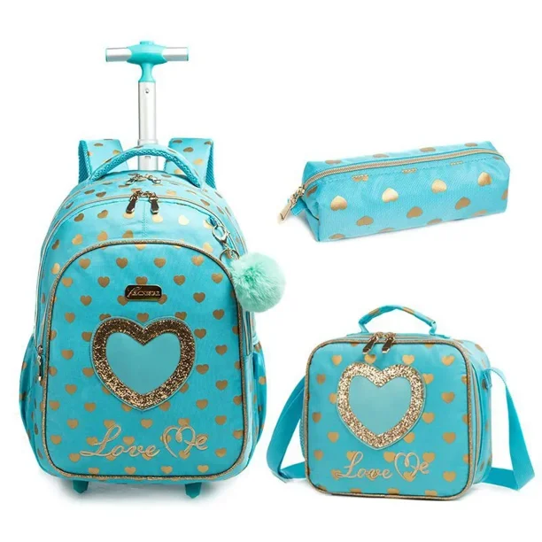 Children's Rolling Backpack Set Wheeled Schoolbag Kids Backpack with Insulated Lunch Bag and Pencil Case for Boys and Girls
