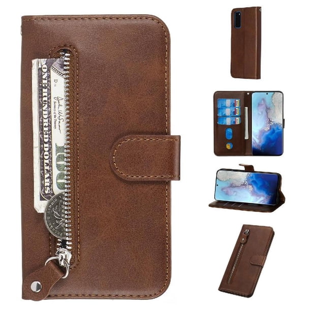 Funda con Cremallera para Samsung Galaxy S20 5G, Carcasa Cartera de Cuero PU con Soporte y Tarjetero