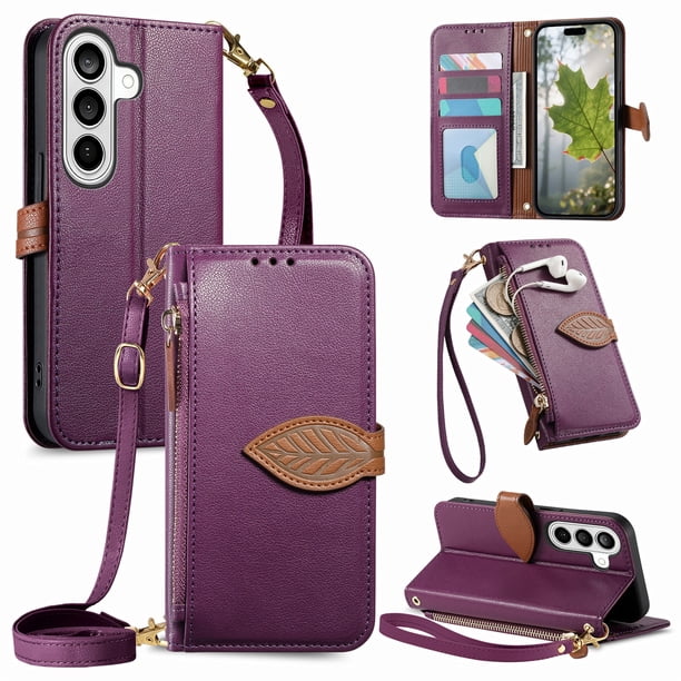 Funda tipo cartera FOXDOCK para Samsung Galaxy S26 con ranuras para tarjetas, soporte y cremallera - Pulsera larga Púrpura