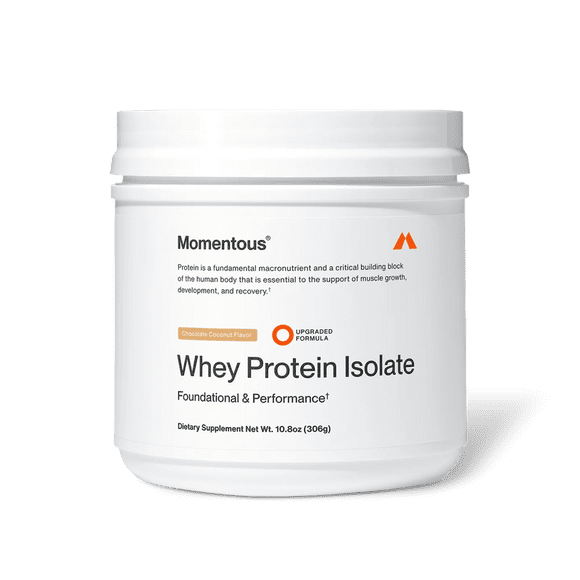 Momentous Whey Protein Isolate — Chocolate Coco · 20 g Proteína Grass-Fed 306 gr