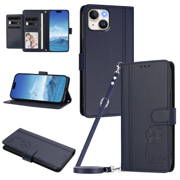 Funda Cartera Trébol para iPhone 13/iPhone 14 con Ranuras Tarjetas y Carga Inalámbrica Azul oscuro