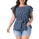 thumbnail image 1 of Agnes Orinda Blusas para Mujer Tallas Grandes Cuello Redondo Floral Cinturón Manga Corta Acampanada Talla 4X Azul Oscuro, 1 of 6