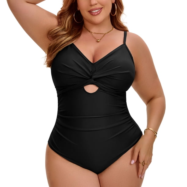 Agnes Orinda Traje de Baño de una Pieza para Mujer de Talla Grande, Control de Abdomen, Corte Push Up, Cintura Alta, Fruncido, Playa, 3X Negro