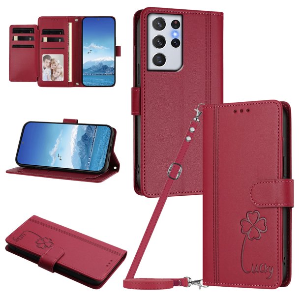 Funda Cartera Trébol para Samsung Galaxy S21 Ultra con Ranuras Tarjetas y Carga Inalámbrica Rojo