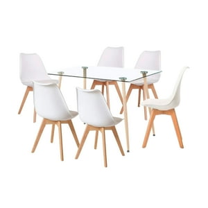 Klik Muebles - Comedor Mesa De Vidrio Rectangular 120X80 + 6 Sillas Tulip Blancas