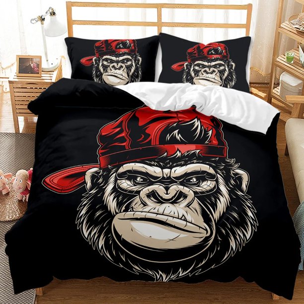 Monkey Duvet Cover Gorilla Head Bedding Set Boys Teens Red Hat Comforter Cover Wild Animal Polyester Quilt Cover Queen Bed Sheets